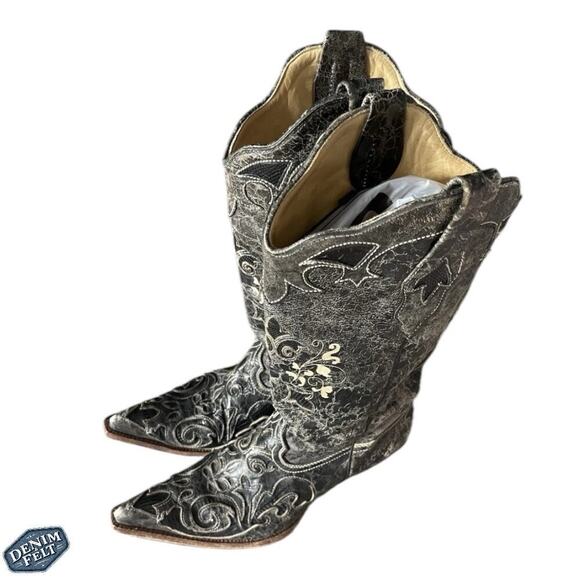 CORRAL Vintage Black Leather w/ Lizard Inlay Snip Toe Western/Cowboy Boots - Picture 2 of 16